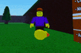a cartoon character with a purple hoodie and a yellow duck on his foot