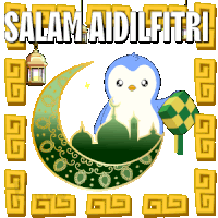 a penguin is sitting on a green crescent moon with the words salam aidilfitri written on it