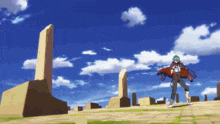 a man in a red cape stands in front of an obelisk in the desert