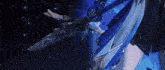 an animated image of a dragon flying through the air with a blue background