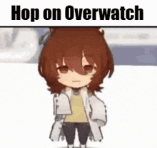 a cartoon girl with brown hair is standing in front of a white background with the words `` hop on overwatch '' written above her .