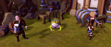 a frog in a video game is surrounded by two men and barrels