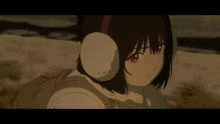 a girl with red eyes and ear muffs on her head