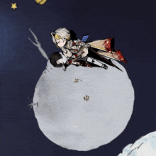 a drawing of two people flying over a planet with a star in the background