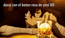 a man with bandages on his face holds a glass of whiskey