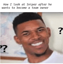 a blurry picture of a man with the words how i look at sniper after he wants to become a team owner below him