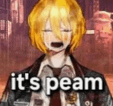 a man in a suit and tie is crying with the words `` it 's peam '' written above him .
