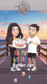 a man and a woman standing on a pier holding a birthday cake with the words happy birthday rehan jan written on it