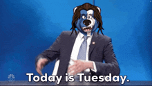 a cartoon of a man in a suit and tie with the caption today is tuesday