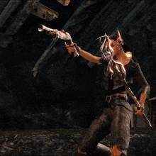 a video game character is holding a sword in front of a large explosion