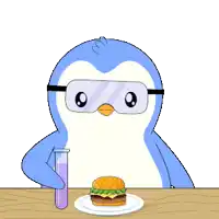 a penguin is holding a test tube in front of a hamburger on a plate