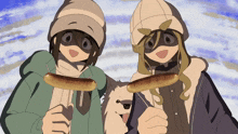 two anime characters are holding sausages in their hands