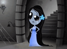 a cartoon girl with a flower in her hair is standing in front of stairs