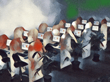 a painting of a group of people sitting in front of computer monitors with cc written on them