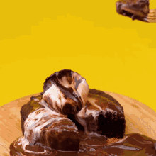 a person holding a fork over a piece of chocolate cake