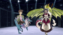 a man is riding a dragon and a maid is standing next to it