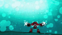 a red robot is standing in the water with bubbles coming out of it 's hands