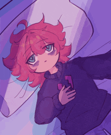 a drawing of a girl with pink hair and a purple sweater with the letter s on it