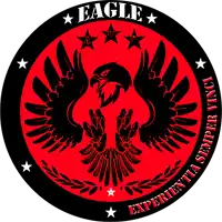 a red and black eagle with the words eagle experientia semper vinci