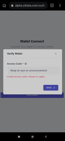 a screenshot of a wallet connect page on alpha.cilistia.com/auth
