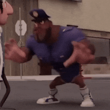 a cartoon police officer is dancing on the street while talking to another man .