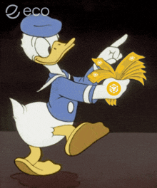 a cartoon of donald duck holding a bunch of money and pointing