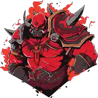 a cartoon drawing of a red monster with horns and a skull on his chest