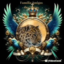 a leopard is surrounded by wings and a crown in a circular frame .