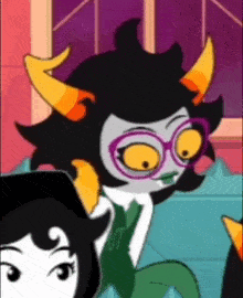 a cartoon character with horns and glasses is sitting on a blue couch .