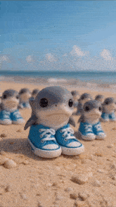 a group of sharks wearing blue shoes on a beach