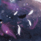 black and white feathers are floating in a purple background