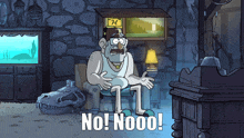 a cartoon of a man sitting in a chair with the words no nooo
