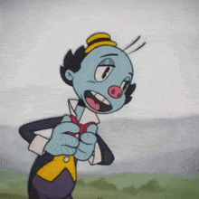 a blue cartoon character with a yellow hat and a bow tie