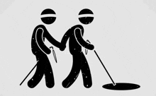 a black and white drawing of two stick figures with canes searching a hole