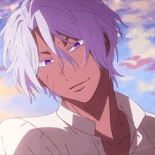 a drawing of a man with purple hair and purple eyes