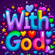 the word with god is surrounded by colorful hearts on a purple background