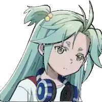 a girl with long green hair and headphones on her neck .