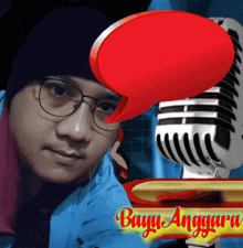 a man wearing glasses stands in front of a microphone with a red speech bubble above him that says buyu anggara