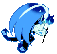 a cartoon character with long blue hair is holding a stick