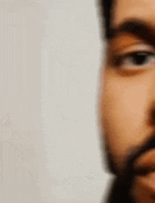 a close up of a man 's face with a beard and eyes .
