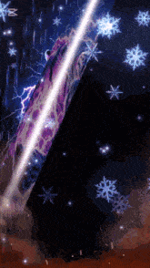 a purple lightning bolt is surrounded by snowflakes in a dark room