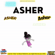 a cartoon of a girl riding a bike with the name asher on the bottom