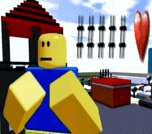 a roblox character is standing in front of a red building