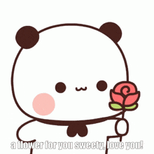 a cartoon panda bear holding a rose with the words a flower for you sweety love you