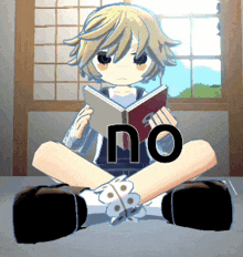 a girl is sitting on the floor reading a book with the word no written on it
