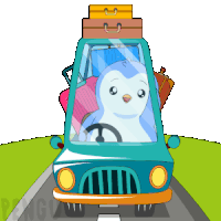 a penguin is driving a blue car with luggage on top of it