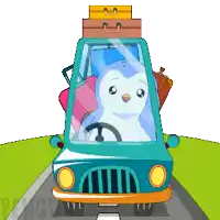 a penguin is driving a blue car with luggage on top of it