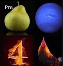 a pear a chicken a planet and a number 4