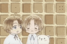 two anime characters are standing next to each other with a teddy bear between them
