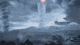 a tornado is coming out of the ocean with a ship in the distance